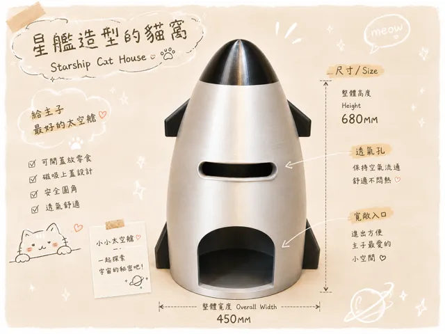 Starship 星艦造型貓窩｜680mm大型貓屋｜可開蓋零食收納
