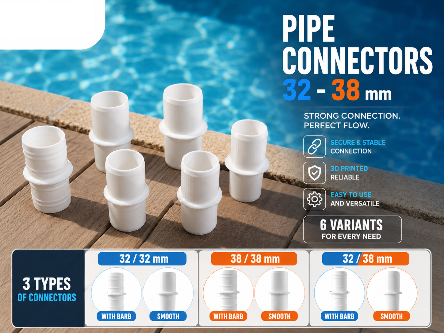 Pool Pipe Connectors 32-32; 38-38; 32–38 mm Set