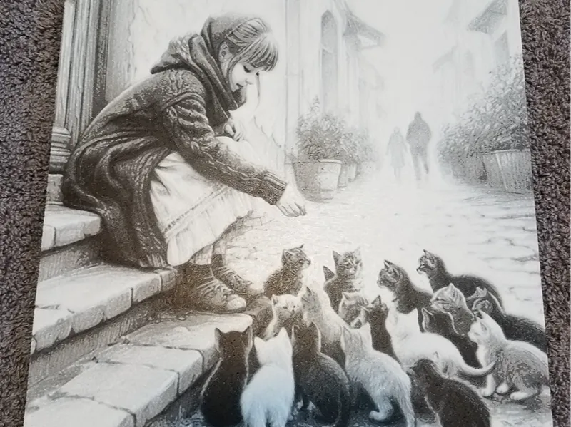 BW Little Girl Feeding Cats