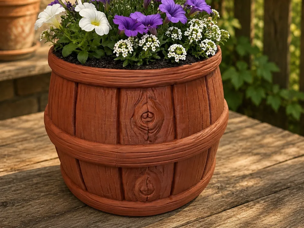 Maceta decorativa: Rustic Wooden Barrel Planter. Referencia del modelo original.