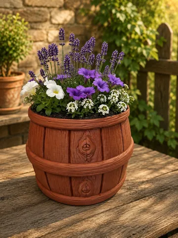 Maceta decorativa: Rustic Wooden Barrel Planter — vista de referencia 3