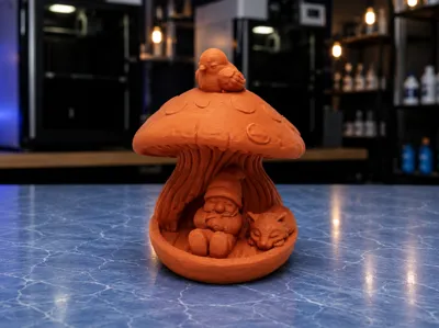 Sleeping gnome in the mushroom forest with fox