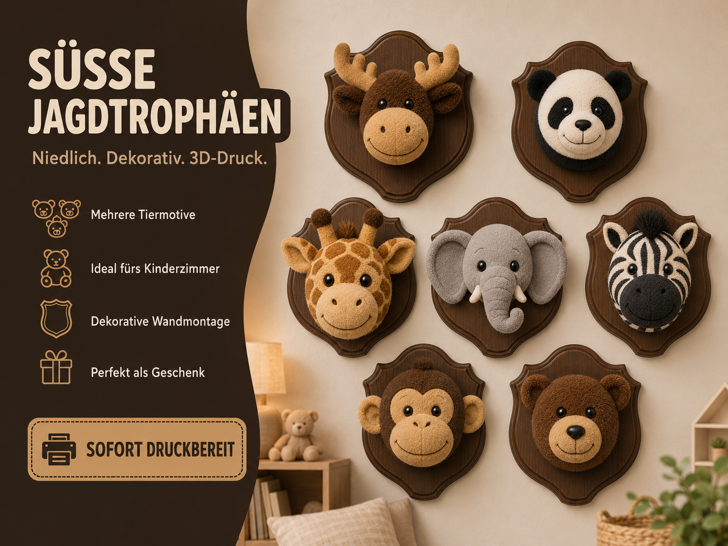 Animal Trophy Set – 7 süße Tierkopf-Wandtrophäen
