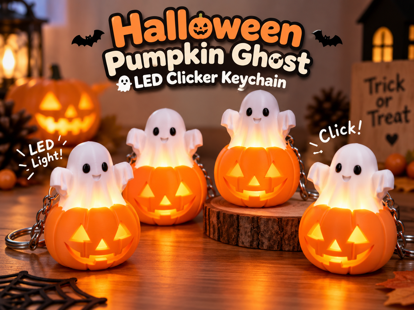 Halloween Pumpkin Ghost LED Clicker Keyring - 3D printed Other Props & Cosplays, in stock in India