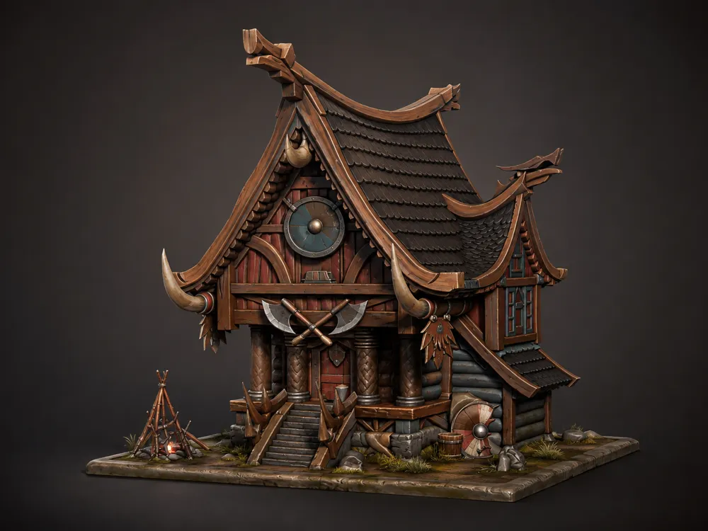 Escenografía en miniatura: Epic Viking House–Fantasy Nordic Longhouse Diorama. Referencia del modelo original.