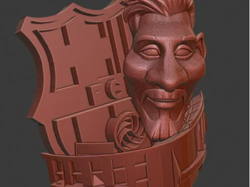 Figura Messi con el Camp Nou y escudo Barcelona
