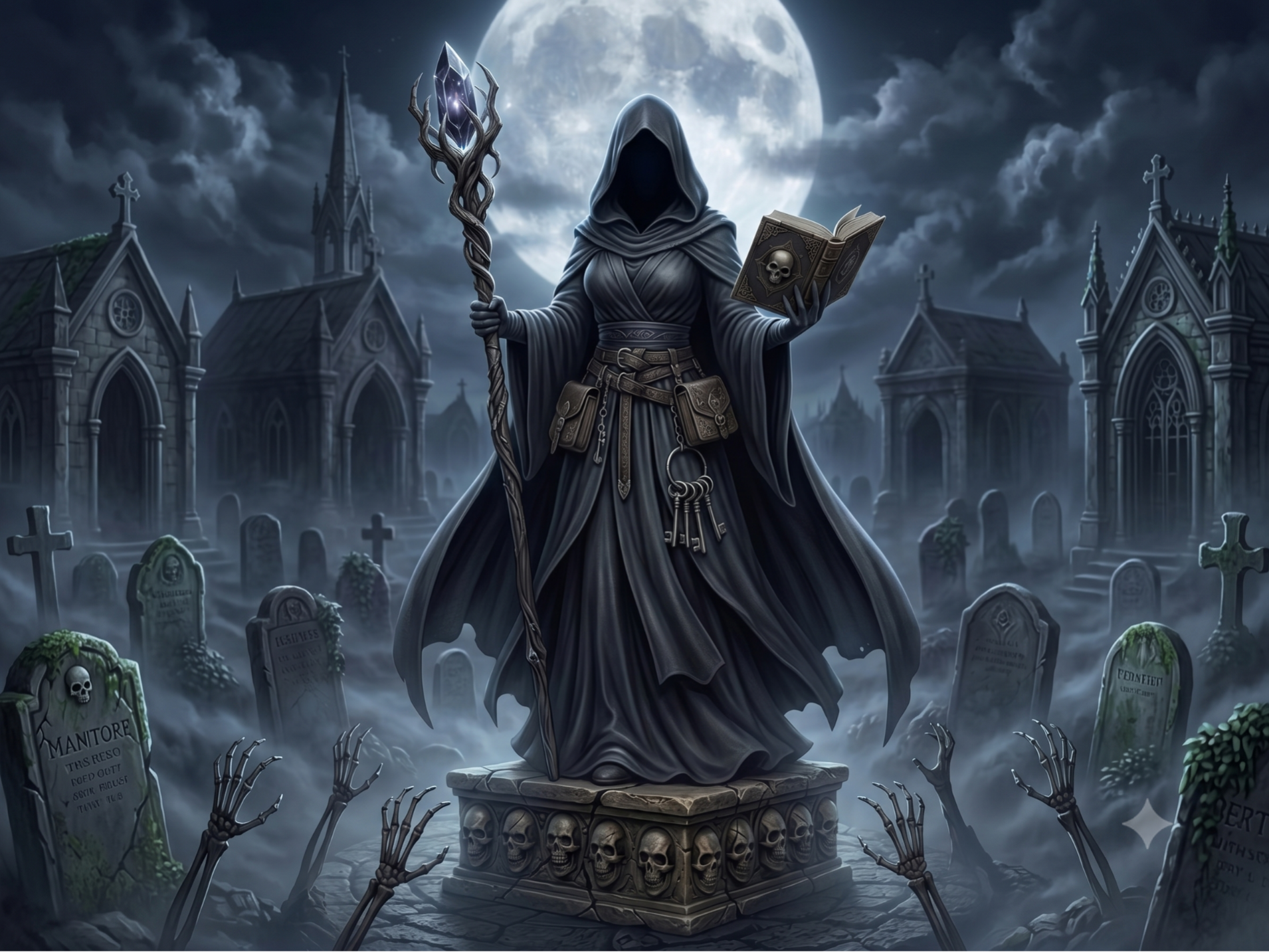Faceless Necromancer with Crystal Staff & Grimoire