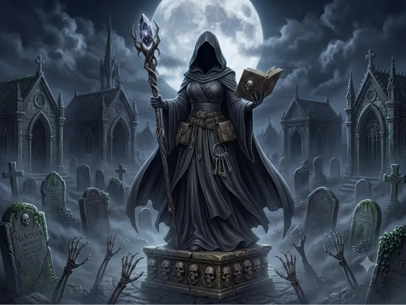 Faceless Necromancer with Crystal Staff & Grimoire