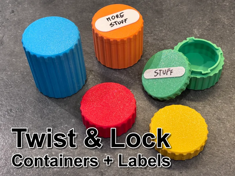 Twist and lock container with labels