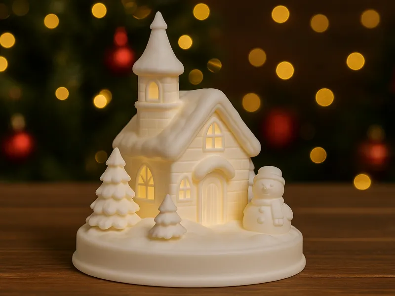 Leuchtende Winterkirche mit Schneemann