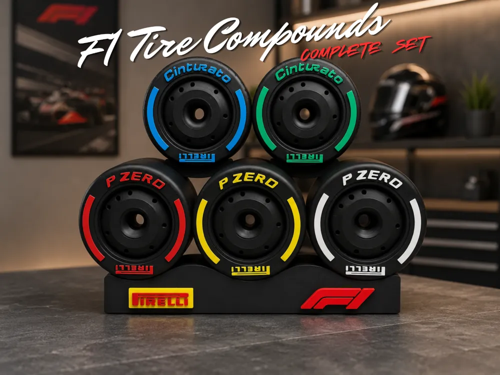 Letrero o emblema decorativo: F1 Tire Compounds – Complete 5 Tire Set. Referencia del modelo original.
