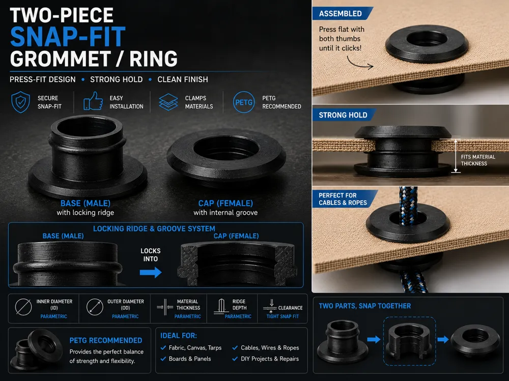 Letrero o emblema decorativo: Parametric Press-Fit Grommet & Ring. Referencia del modelo original.