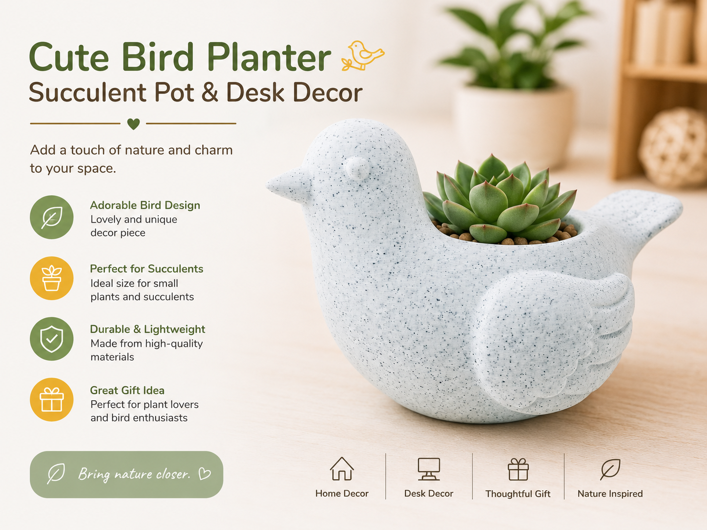 Cute Bird Planter - Succulent Pot & Desk Decor