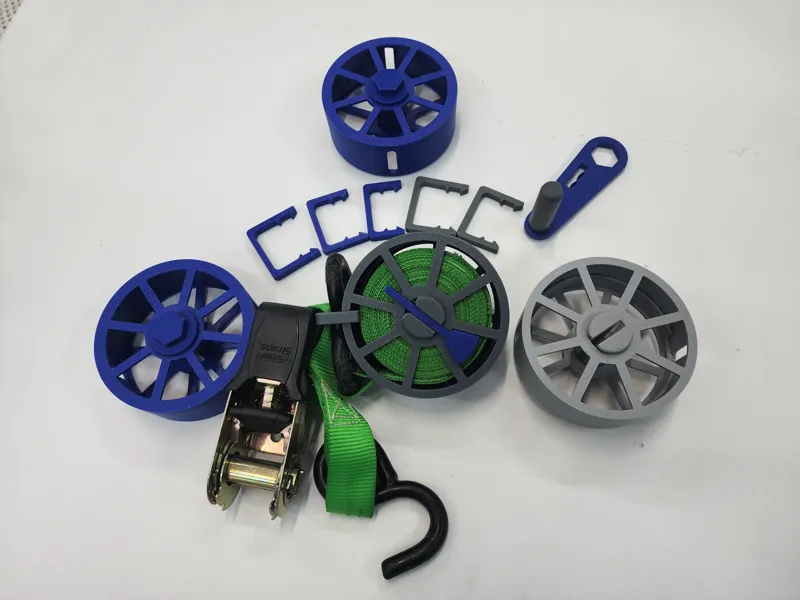 Strap reel and case, threaded top, brake, handle