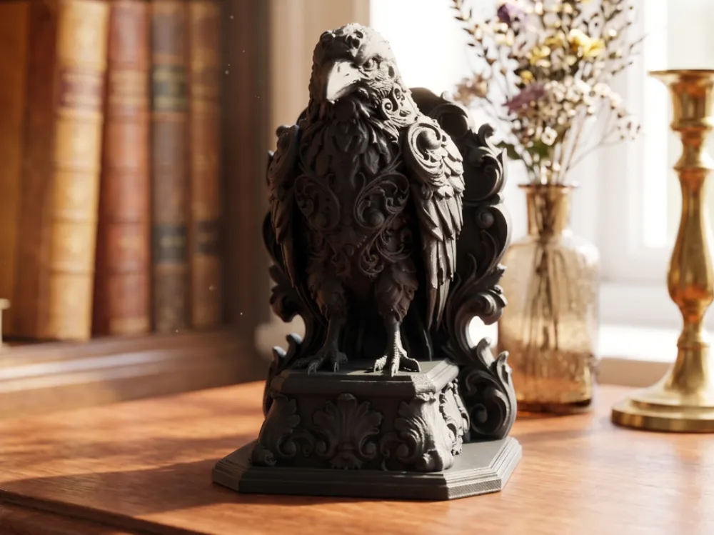Figura decorativa: Gothic Raven Baroque Poe Statue Bookend. Referencia del modelo original.
