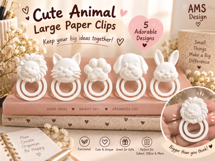 Cute Animal Large Paper Clips – Set of 5 3D model