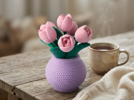 Knitted Tulips in a Textured Vase Cozy Decor