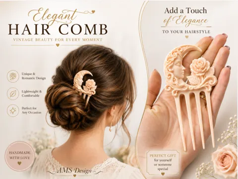 Letrero o emblema decorativo: Moon Rose Elegant Hair Comb — referencia de MakerWorld