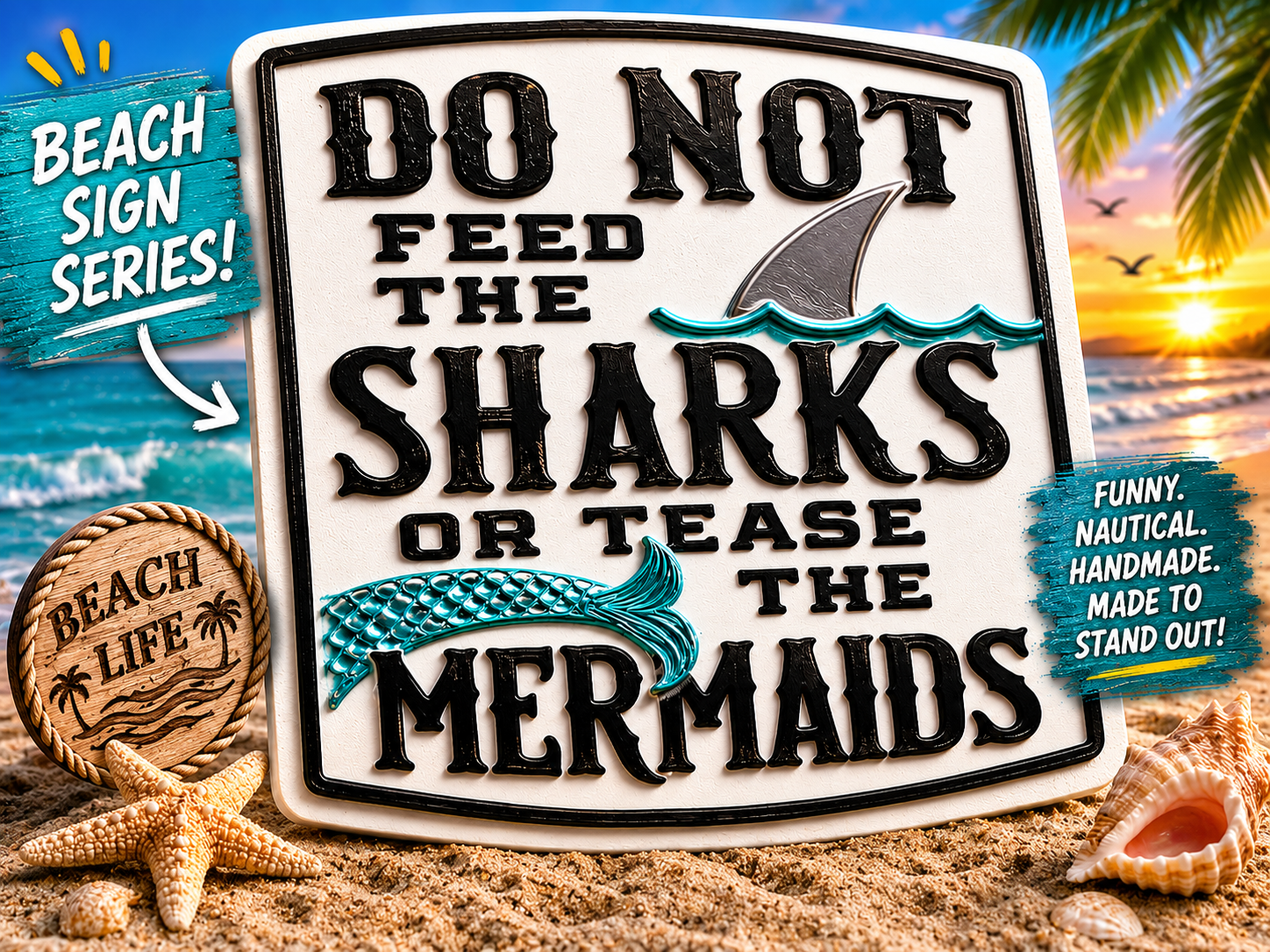 Funny Beach Sign | Sharks & Mermaids