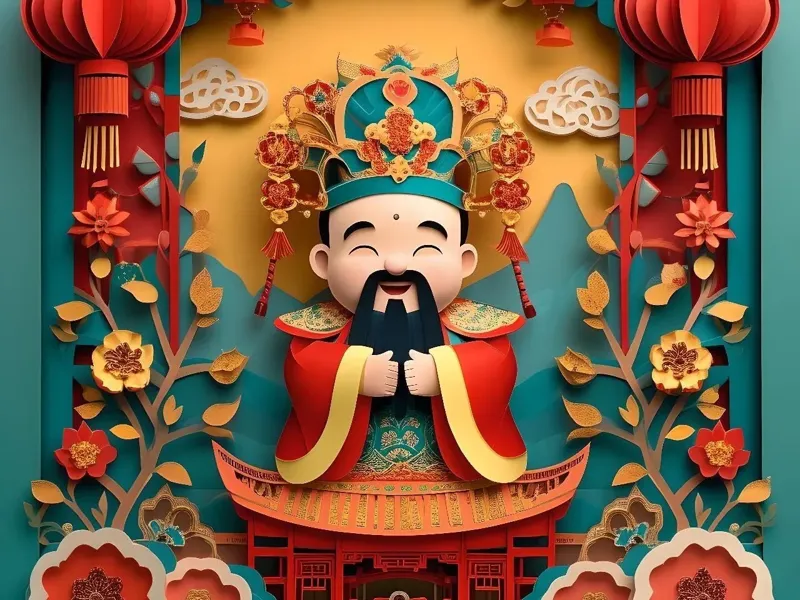 春节喜庆窗花立体剪纸浮雕画《财神报喜》