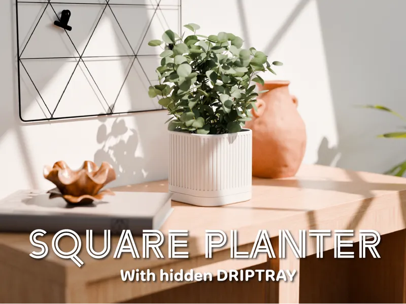Japandi Ribbed Square Planter with Drainage Base