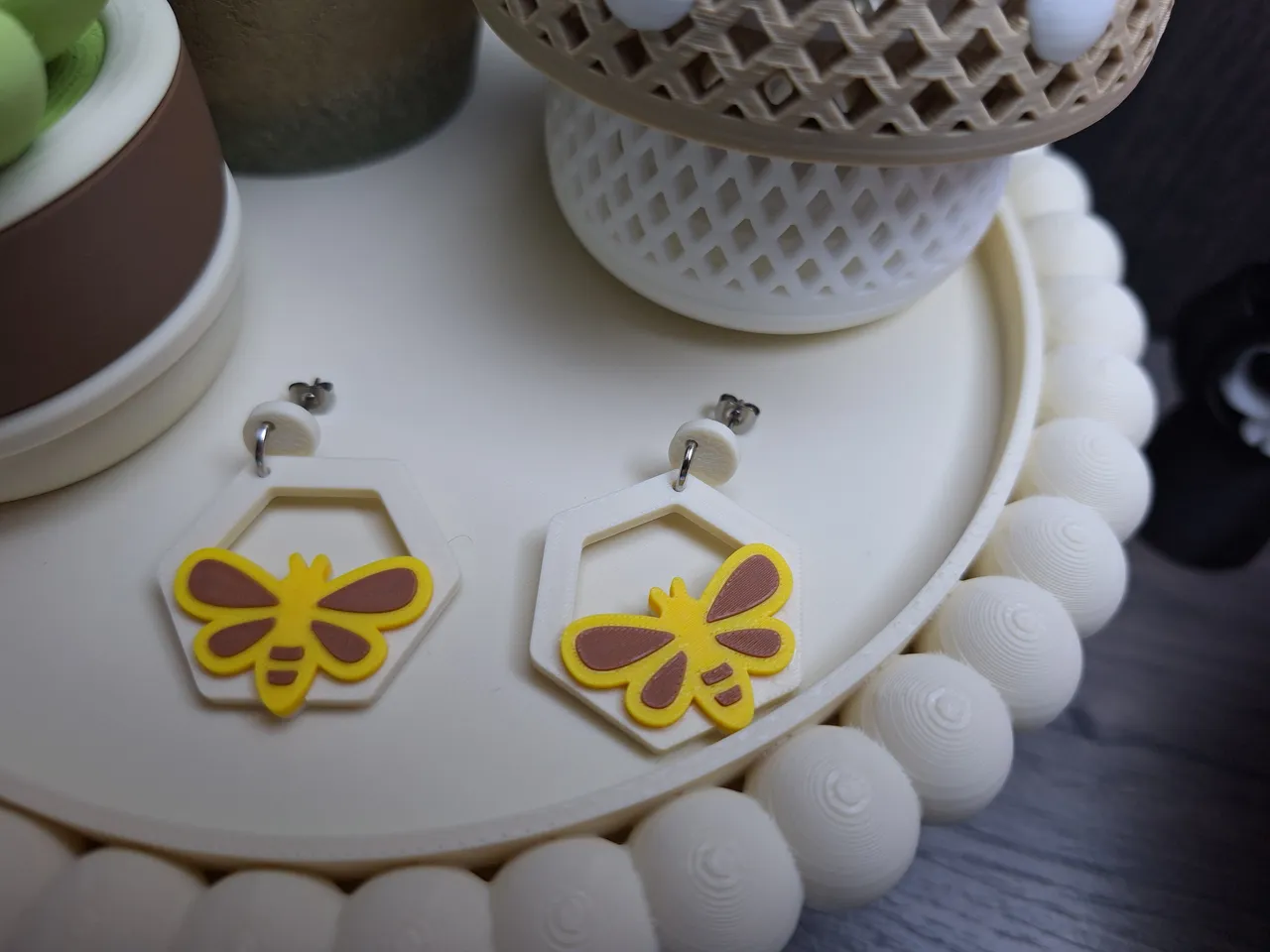 Bee Hexagon Dangle Earrings view 3