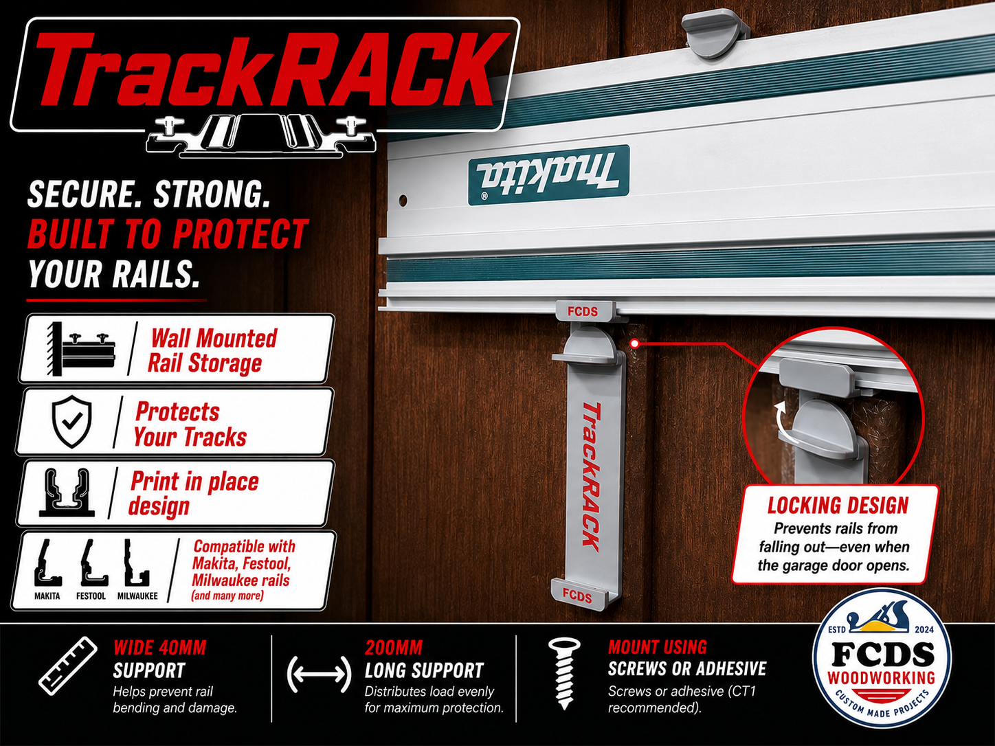 Track saw guide/rail wall mounts
