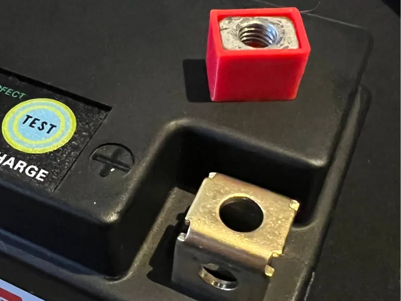 Motorcycle battery nut guide for M5 screws
