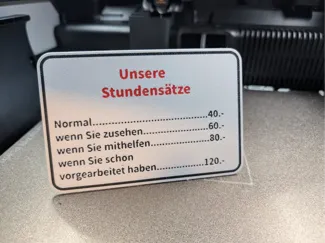 Werkstatt Unsere Stundensätze Funny Workshop Sign