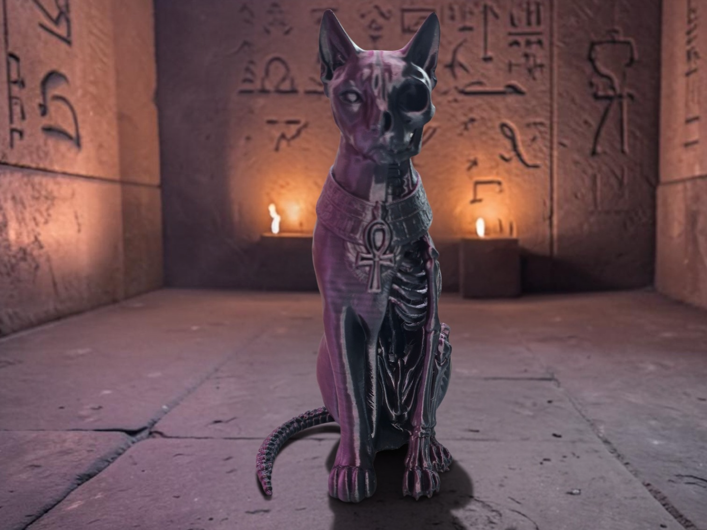 Half-Skeleton Egyptian Sphinx Cat with Ankh 