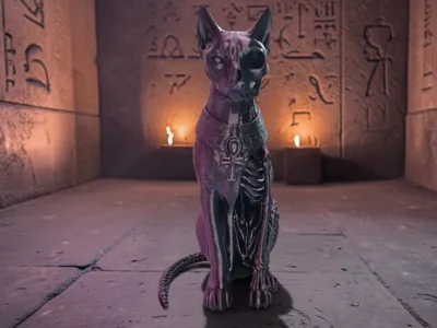 Half-Skeleton Egyptian Sphinx Cat with Ankh