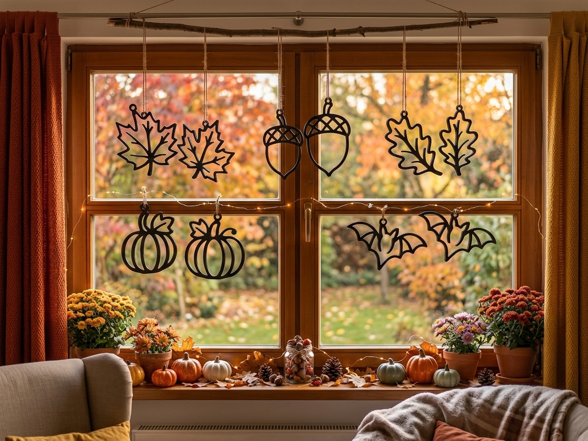 Herbstlaub & Fledermaus Deko-Set für die Fenster - 1