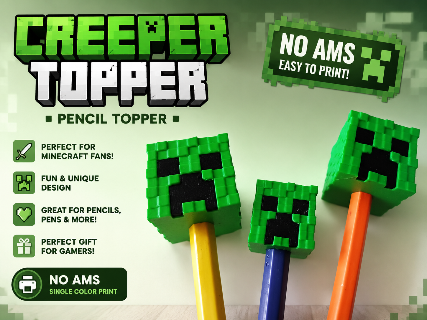 Minecraft Creeper Pencil Topper |Crayons No AMS