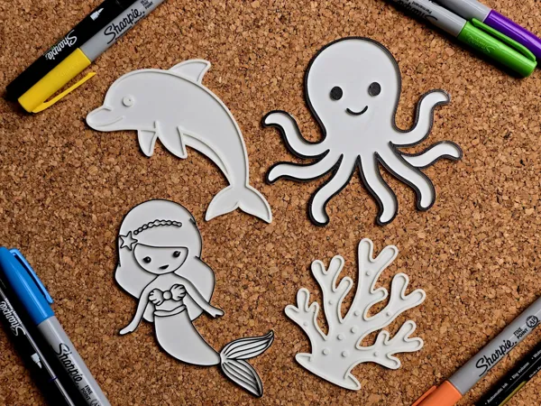 Panneaux à colorier sirène, corail, poulpe et dauphin