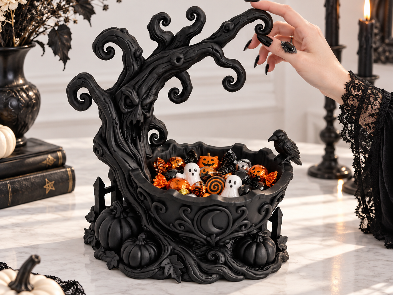Goth Halloween Samhain Raven Tree Candy Bowl Decor - 1