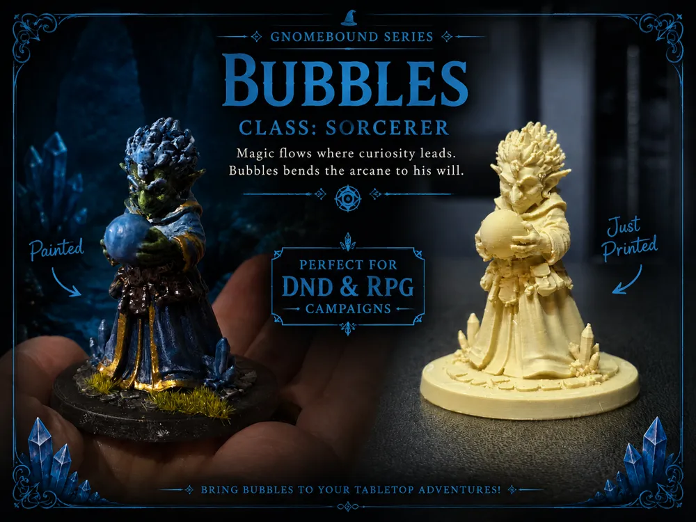 Figura decorativa: Bubbles – Gnome Sorcerer | D&D & RPG Miniature. Referencia del modelo original.