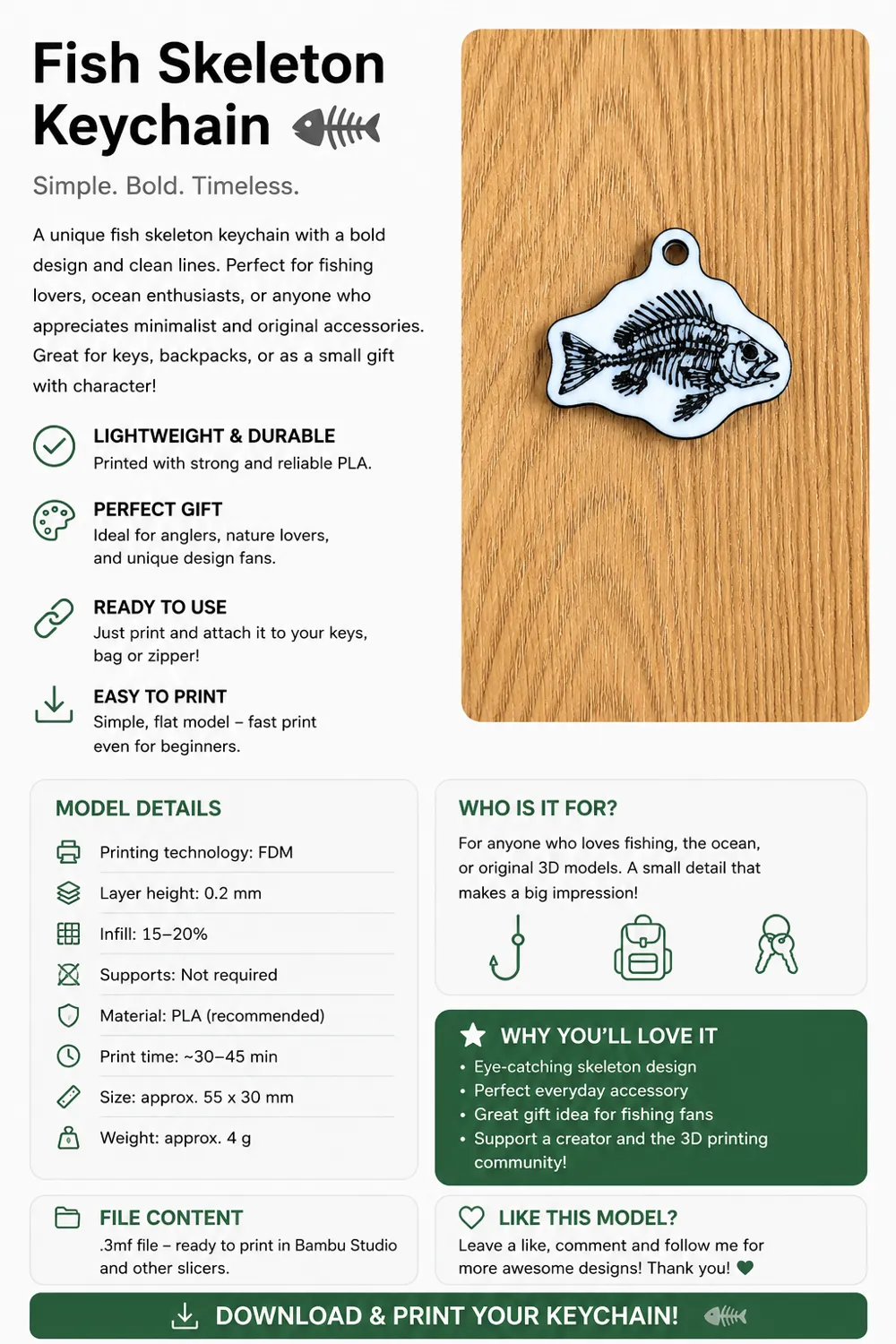 Fish Skeleton Keychain - Free 3D Print Model - MakerWorld