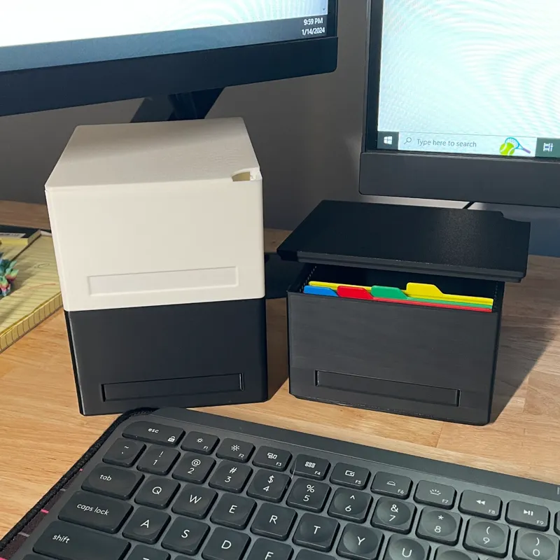 Stackable desk storage with tabbed dividers for notes, cards, etc.