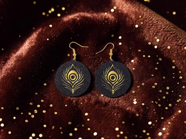 Golden peacock feather earrings