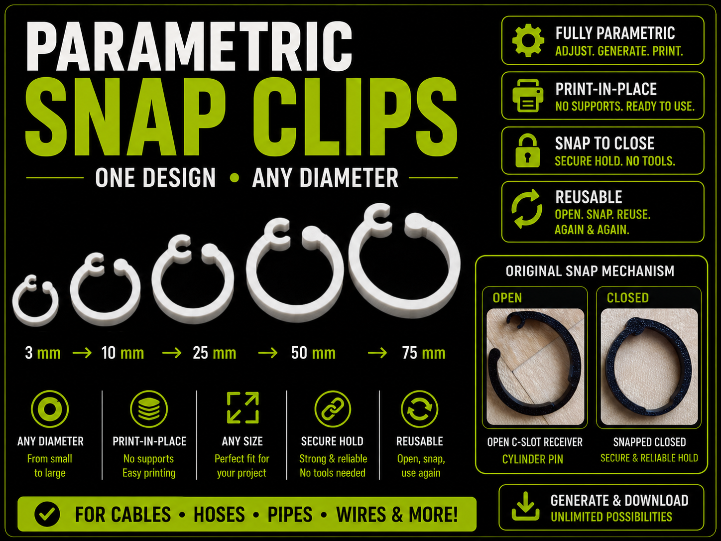Parametrische Snap Cable Clips – Print-in-Place