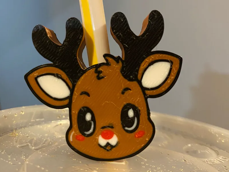 Rudolph red nose reindeer straw topper-Double side