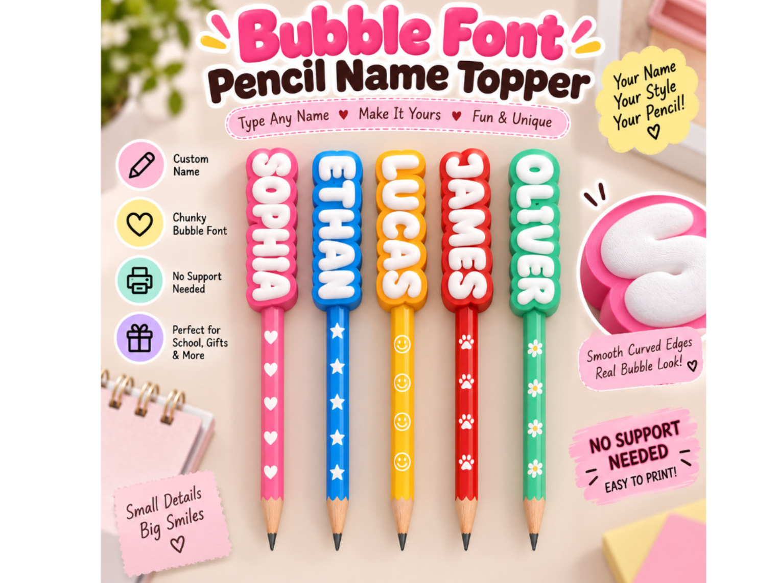 Parametric Bubble Font Pencil Name Topper Name - 1