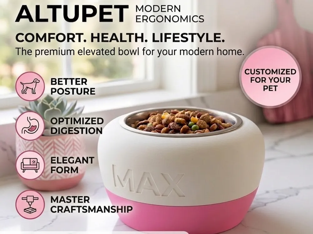 Letrero o emblema decorativo: Modern Ergonomic Pet Bowl Elevation Riser. Referencia del modelo original.