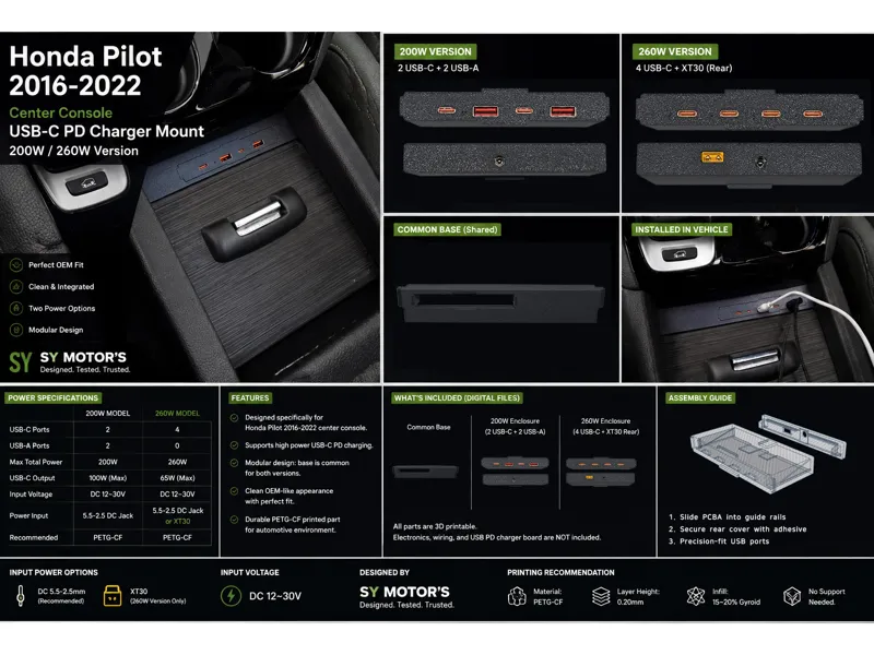 Honda Pilot 2016–2022 Center Console Charger