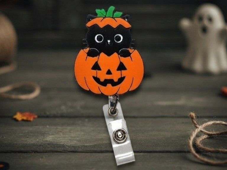 Black Cat in Jack O'Lantern Badge Reel Face/Magnet - 1