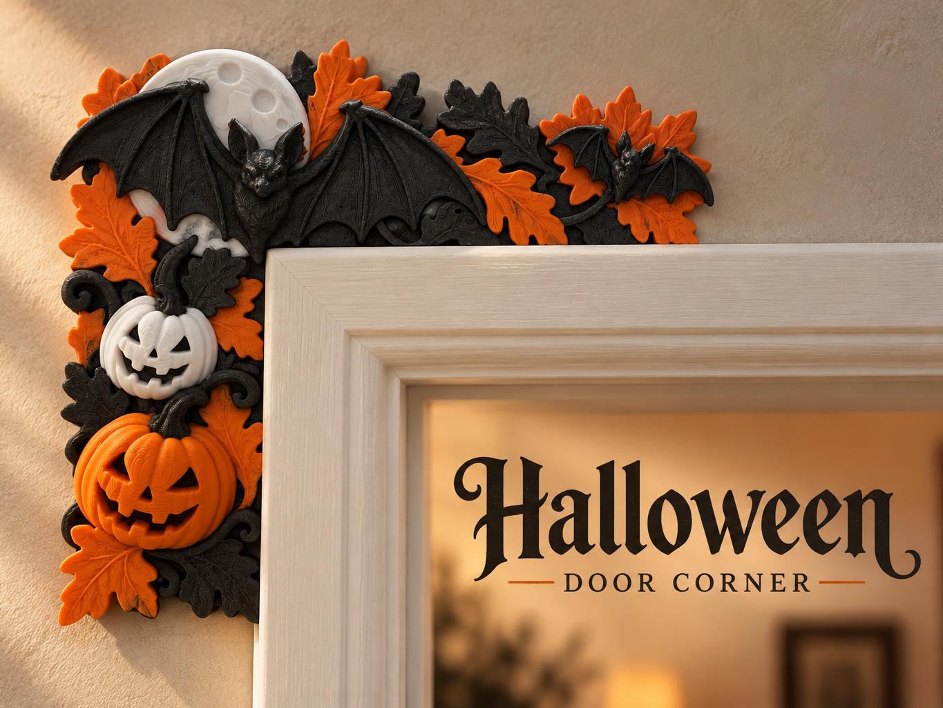 Halloween Bat Door Corner Decor – Moon & Pumpkins - 1