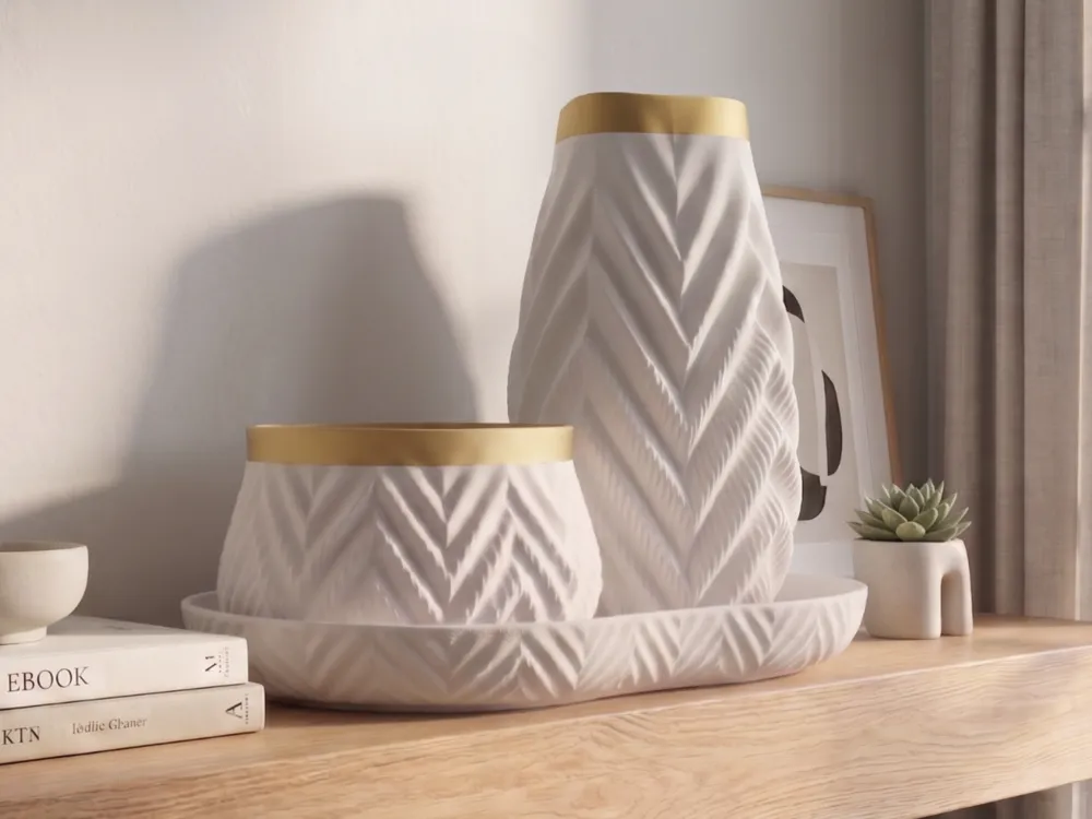 Jarrón decorativo: Kalis Duality – Dual-Color Chevron Vase Set & Tray. Referencia del modelo original.