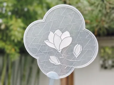 Faux organza Chinese antique style ice crack pattern garden magnolia round fan