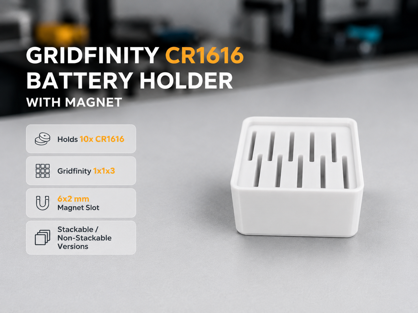 Gridfinity CR1616 battery holder with magnet