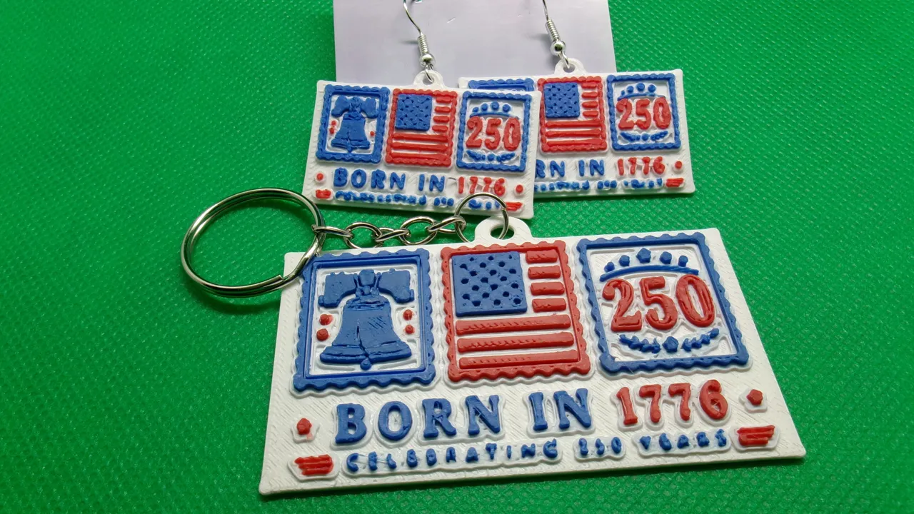 Born in 1776 earrings and keychain view 2